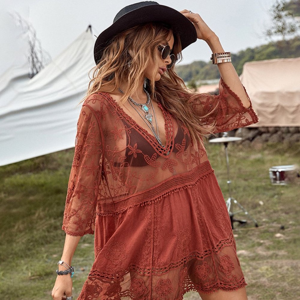 New Red Lace Crochet Boho Folk Tunic Blouse Top Cover-Up Womens - Picture 1 of 9